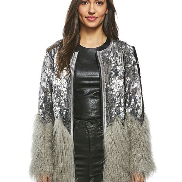 Fabulous Furs PEWTER SEQUIN SHIMMER FAUX FUR JACKET - Picture 3 of 8